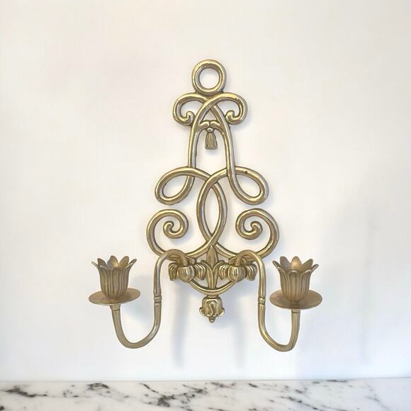MCM Andrea by Sadek Brass Wall Sconce VTG Scroll Tassel Lotus Flower Candlestick - Picture 1 of 8